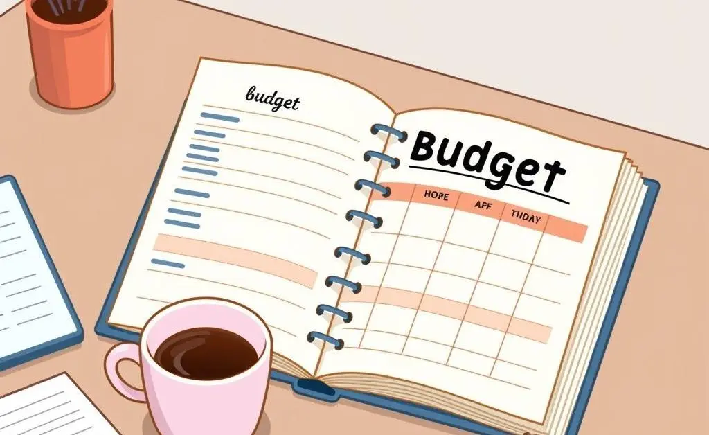 A budget planner with coffee cup and calculator on a desk