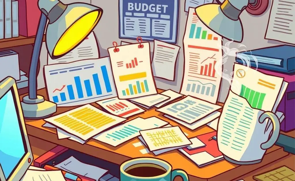 A cartoon image of a desk cluttered with budget planning papers and a coffee mug.