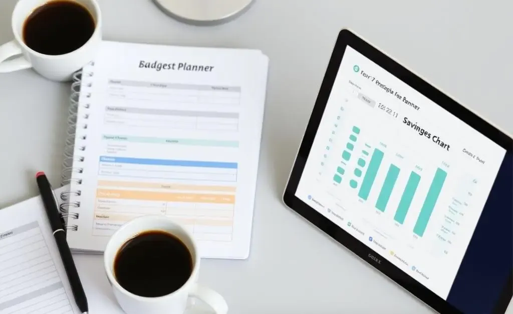 A desk with a budget planner, coffee, and a laptop.