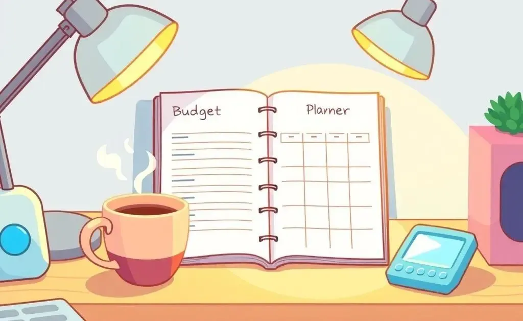 A neat desk with a budget planner, coffee cup, and calculator depicting a calm workspace.