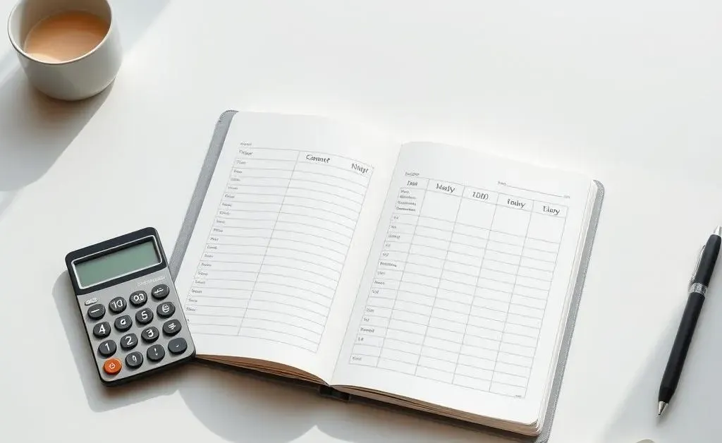 A desk setup for financial planning with a budget planner and notepad.