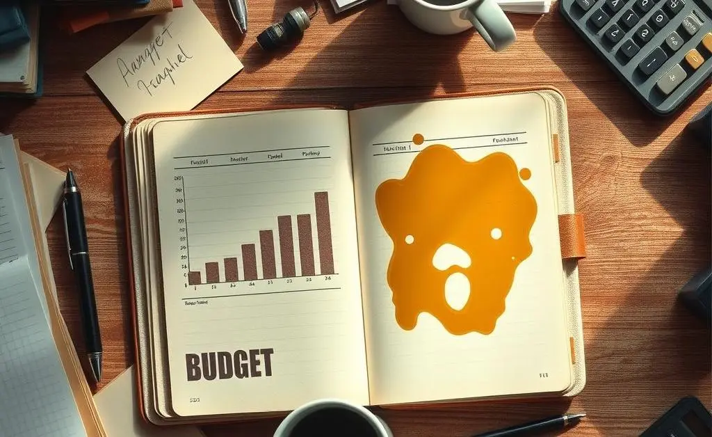 A top-down view of a cluttered desk with a budget planner.