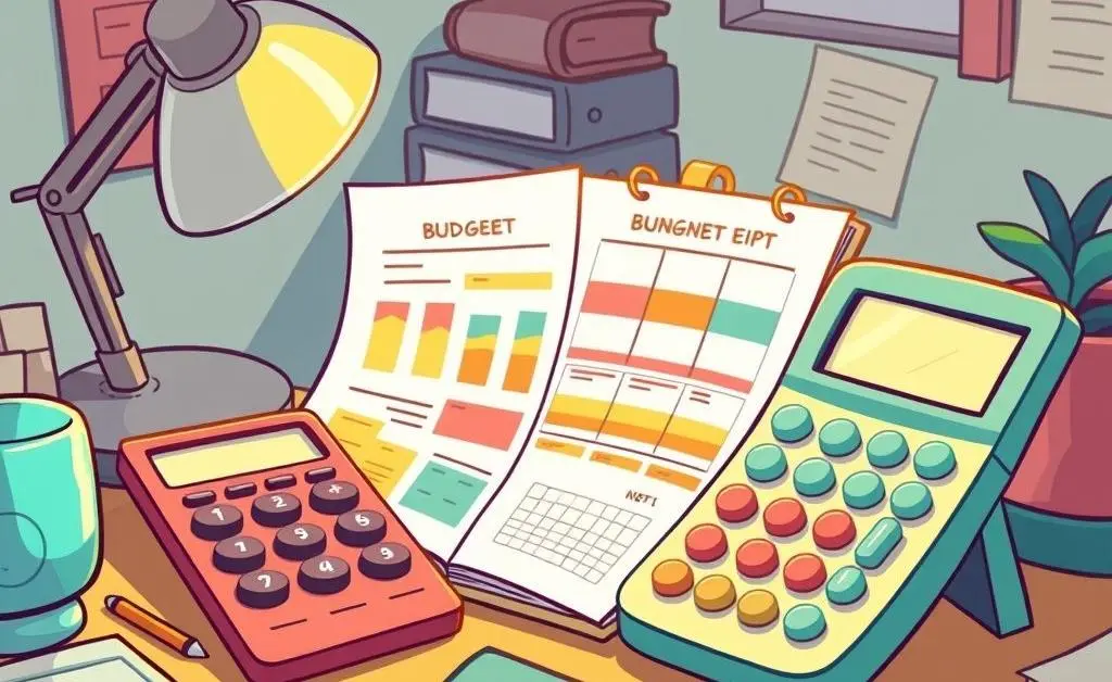 A desk with a budget planner and calculator