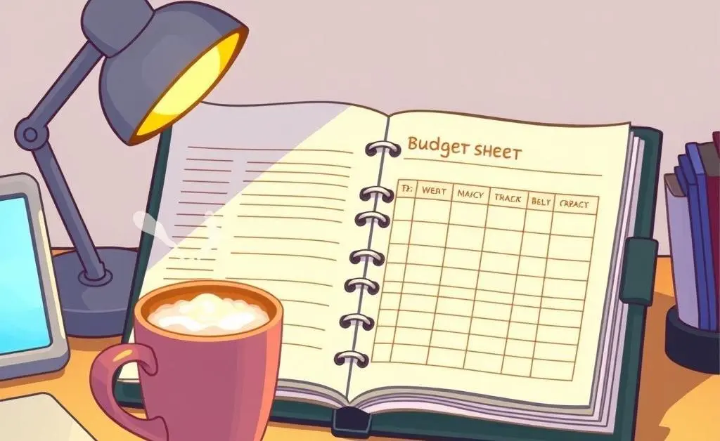 A cartoon-style desk setup with a planner, coffee, and credit cards