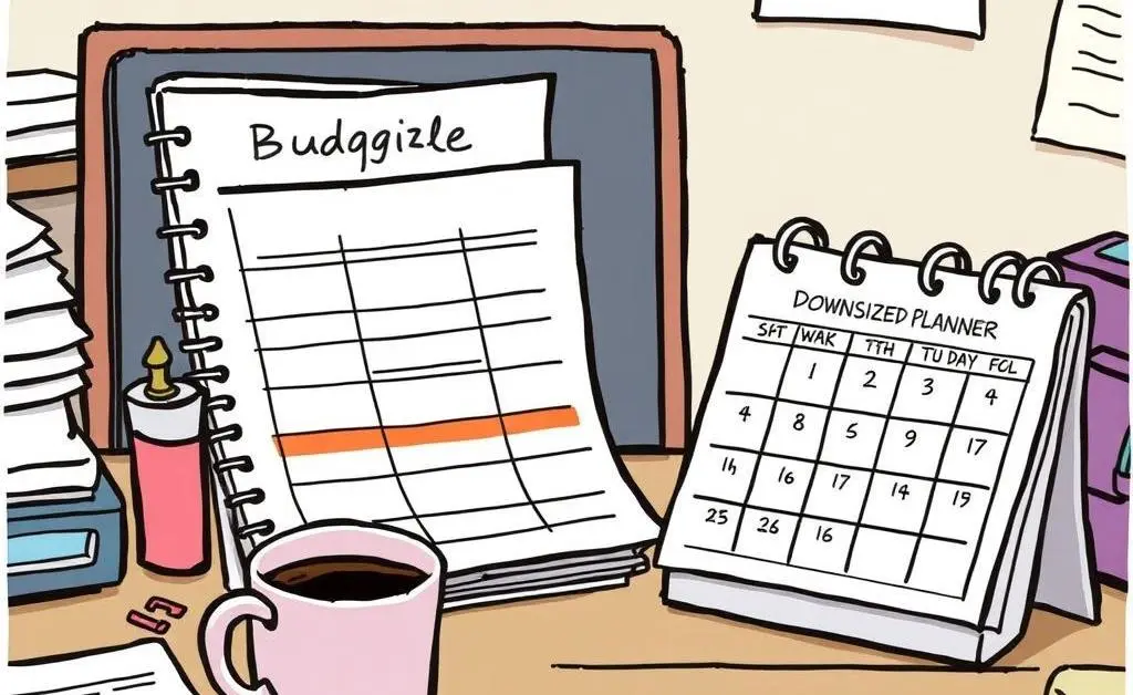 Illustration of a cluttered desk with a budget planner