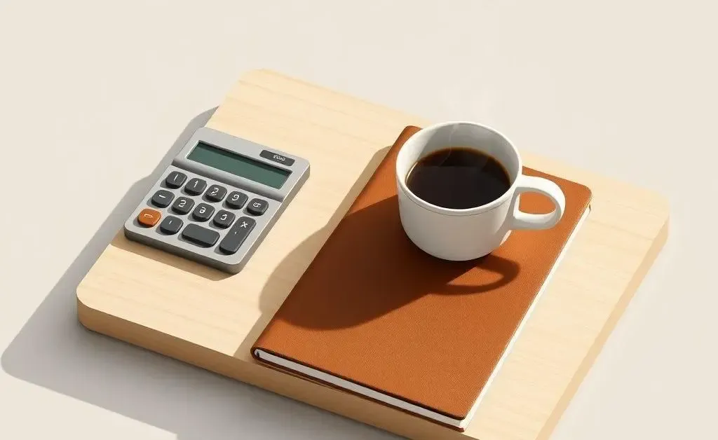 A desk scene with budget planning tools and coffee.