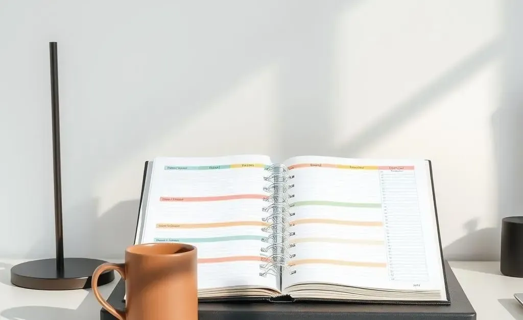 A minimalist desk setup with a prominently displayed budget planner