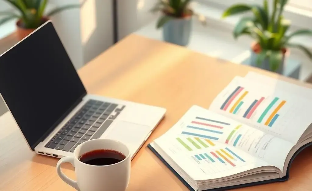 A desk with a budget planner, coffee, and laptop