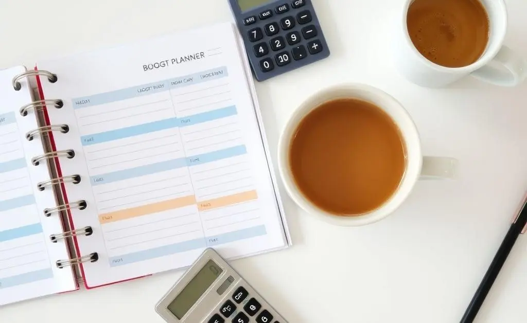 A clutter-free desk with a budget planner, calculator, and a cup of coffee.