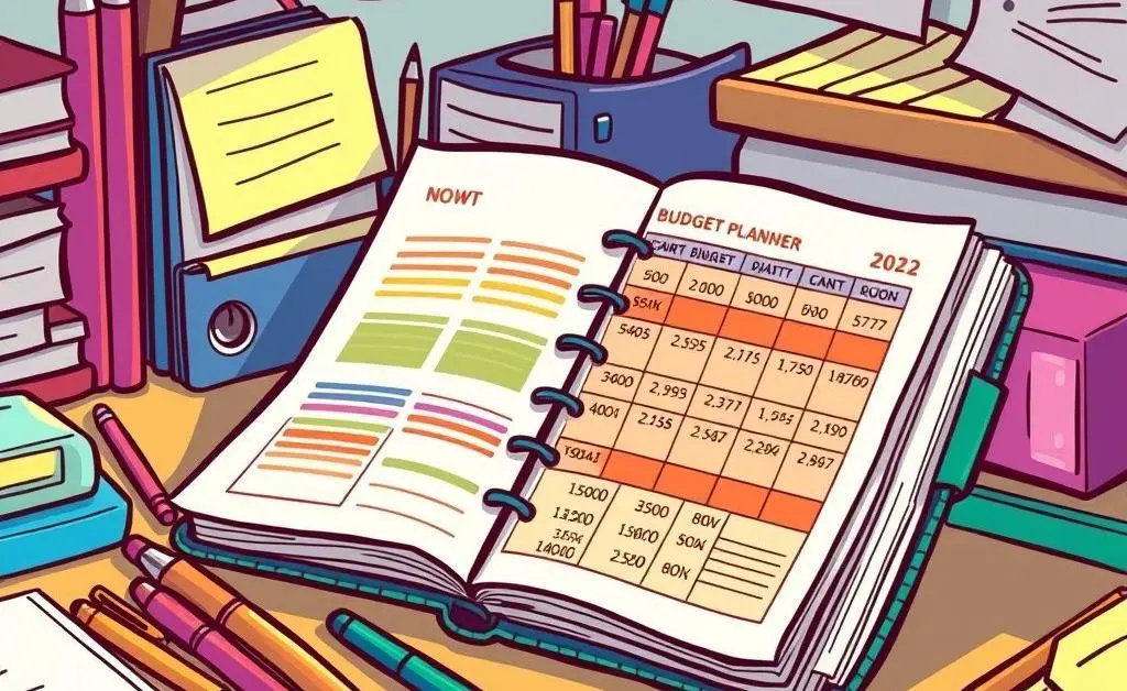 A cartoon-style, hand-drawn illustration of a desk with a budget planner and pens.