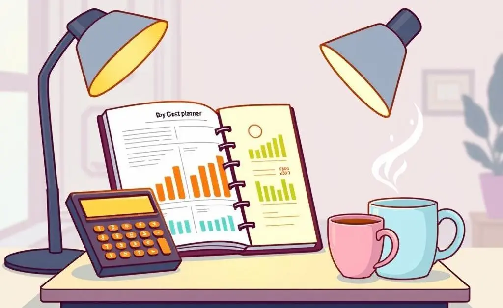 Desk with a budget planner and coffee cup