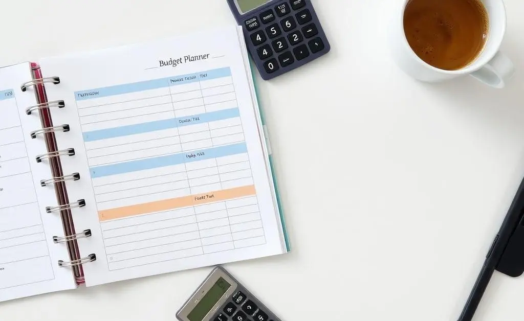 A tidy desk with a budget planner and a cup of coffee.