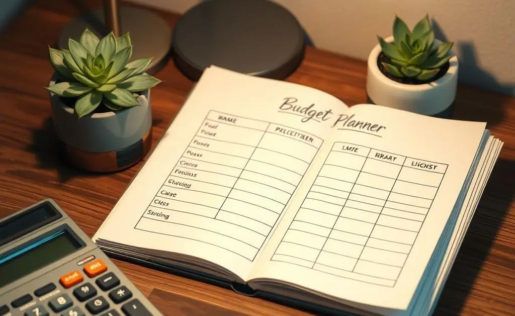 A hand-drawn budget planner on a desk with a calculator and plant nearby.