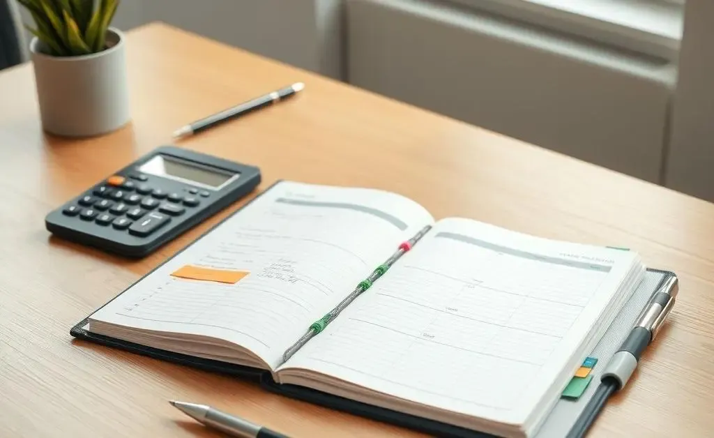 A neat, organized desk with a budget planner and calculator, depicting financial planning