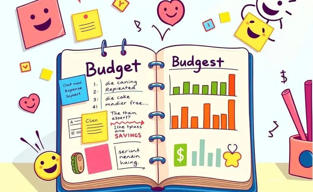 A colorful budget planner illustration with notes and graphs