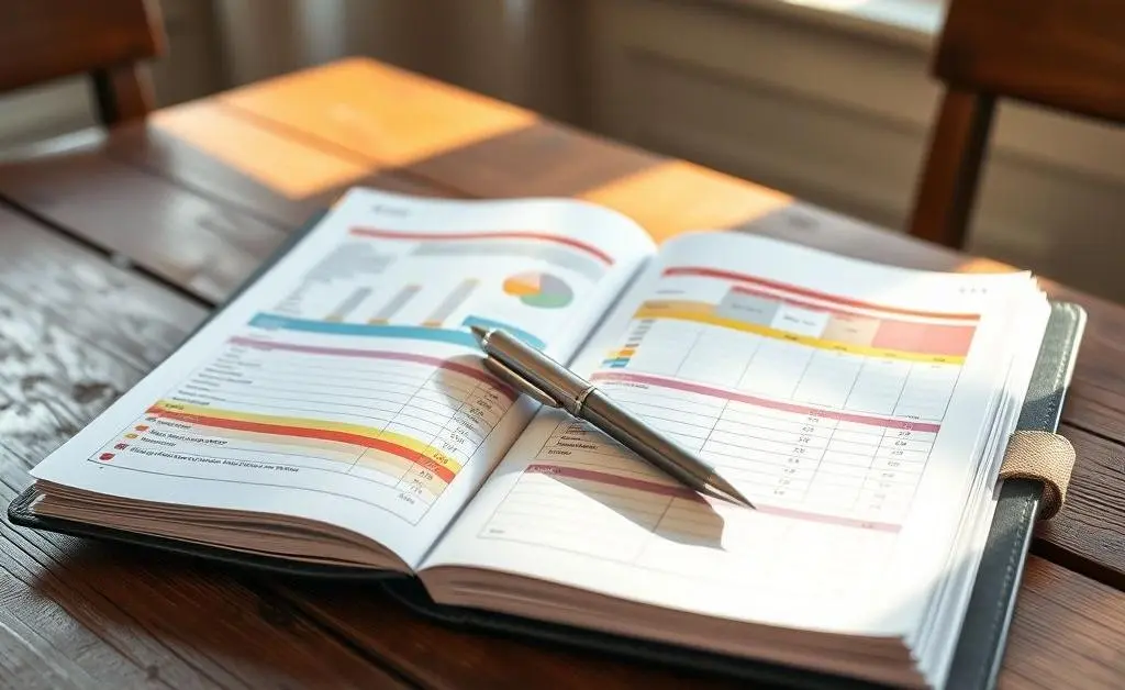 An open notebook with a budget planner layout and a pen resting on it