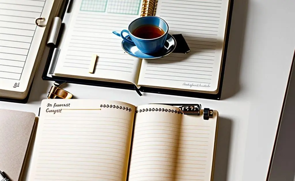 An open notebook with a budget planner layout on a tidy desk with glasses and a cup of tea.