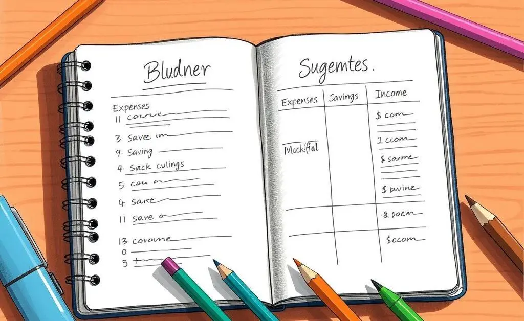 A hand-drawn image of an open notepad with a budget planner layout and colorful pens