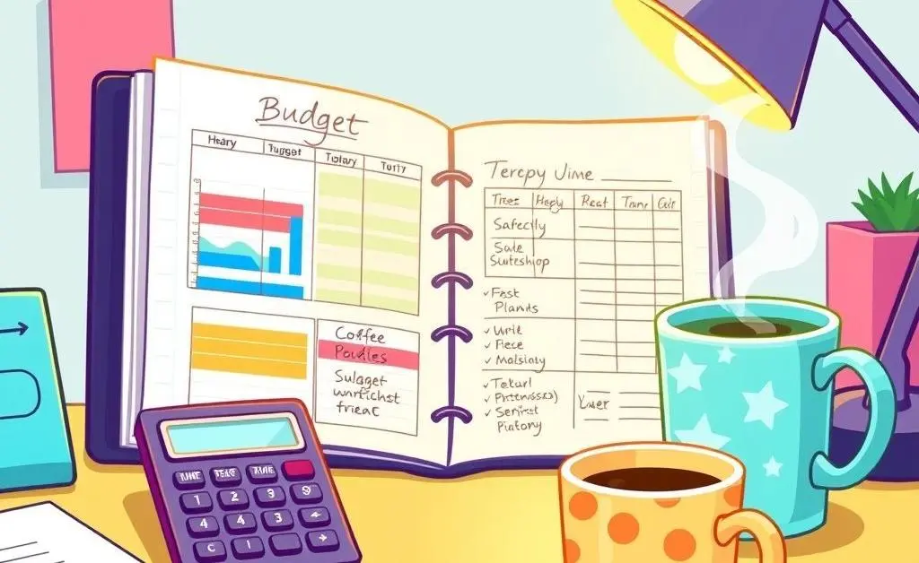 A cartoon-style illustration of a desk with a budget planner, a calculator, and a coffee cup, representing financial planning.