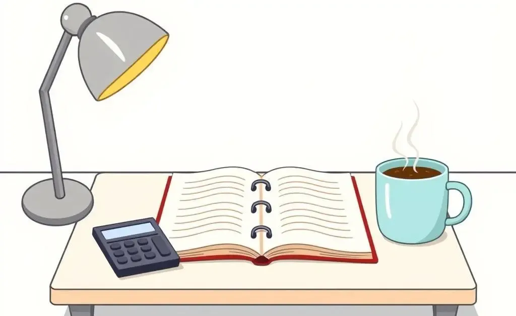 A minimalist cartoon-style desk with a planner and calculator