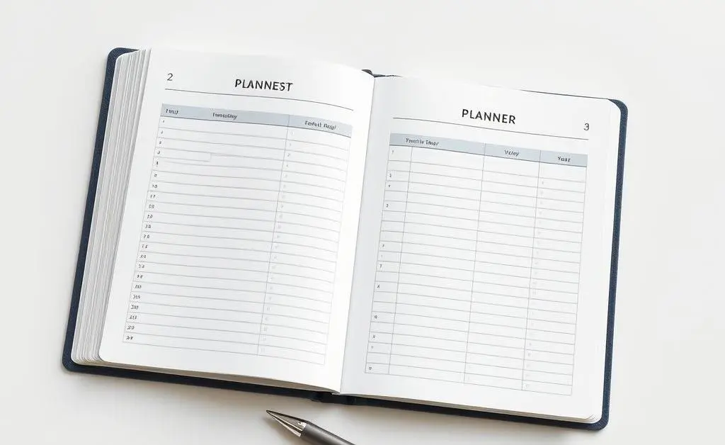 A budget planner open on a desk.