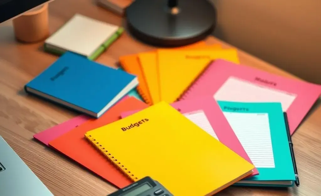 A desk with colorful budgeting planners and a calculator, showing thoughtful financial management