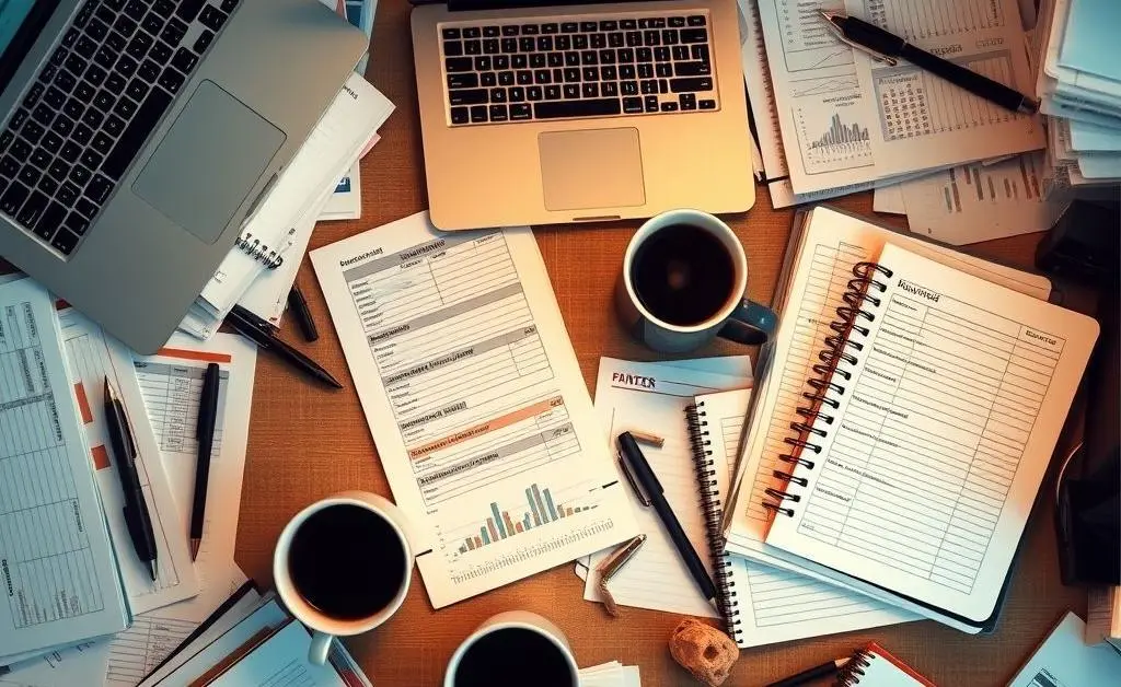 Budget planner on a desk with a laptop and coffee on the side.