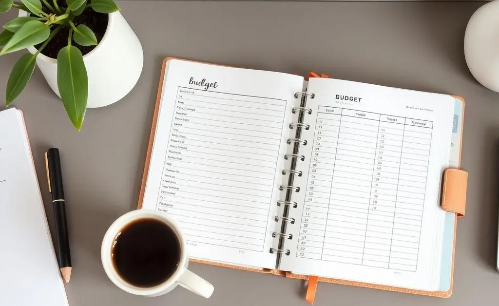 An organized desk with an open budget planner, a cup of coffee, and a plant for a creative workspace vibe.