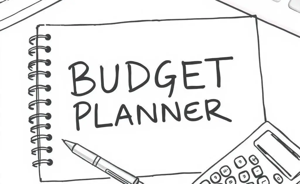A hand-drawn image of a budget planner with a pen and calculator on a desk.