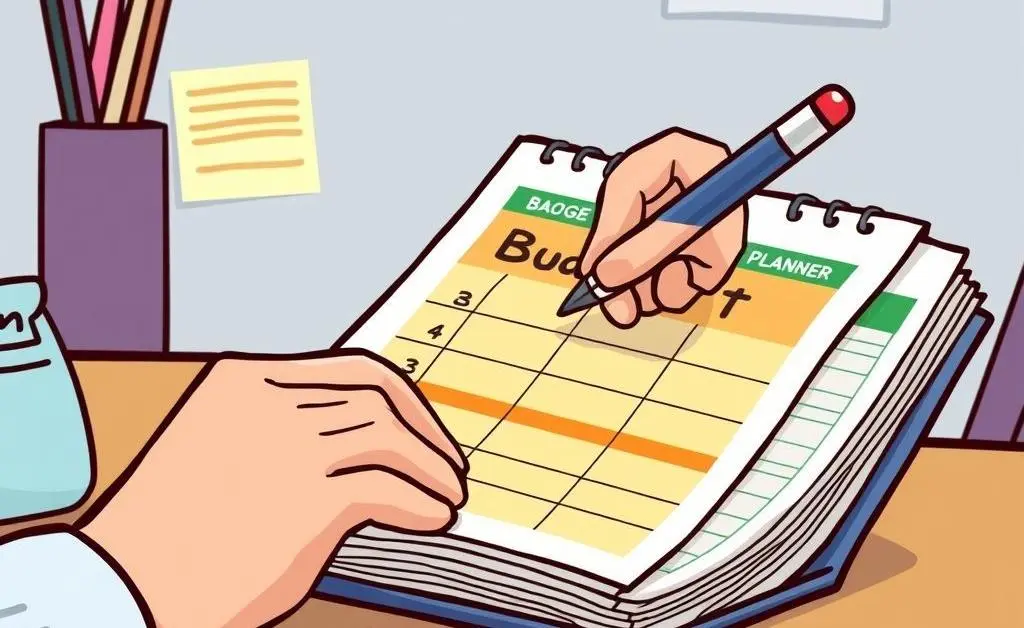 A colorful budget planner on a desk with a pen.