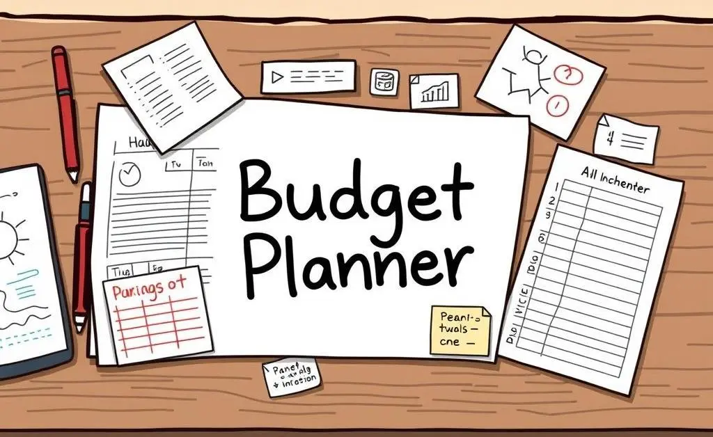 Budget planner on a table with notes and drawings