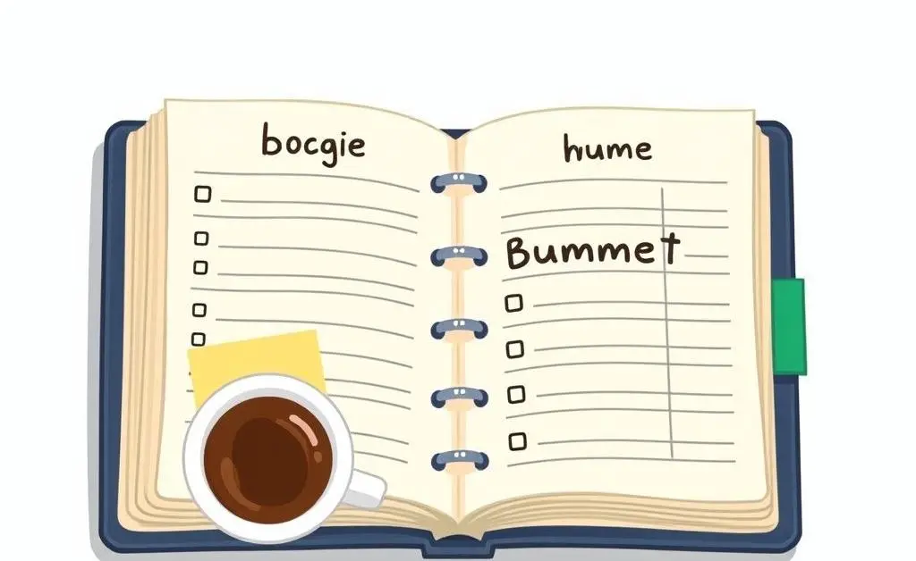 A cartoon-style image of an open budget planner with notes and coffee.