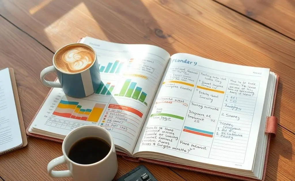 An open budget planner next to a cup of coffee and calculator on a wooden table.