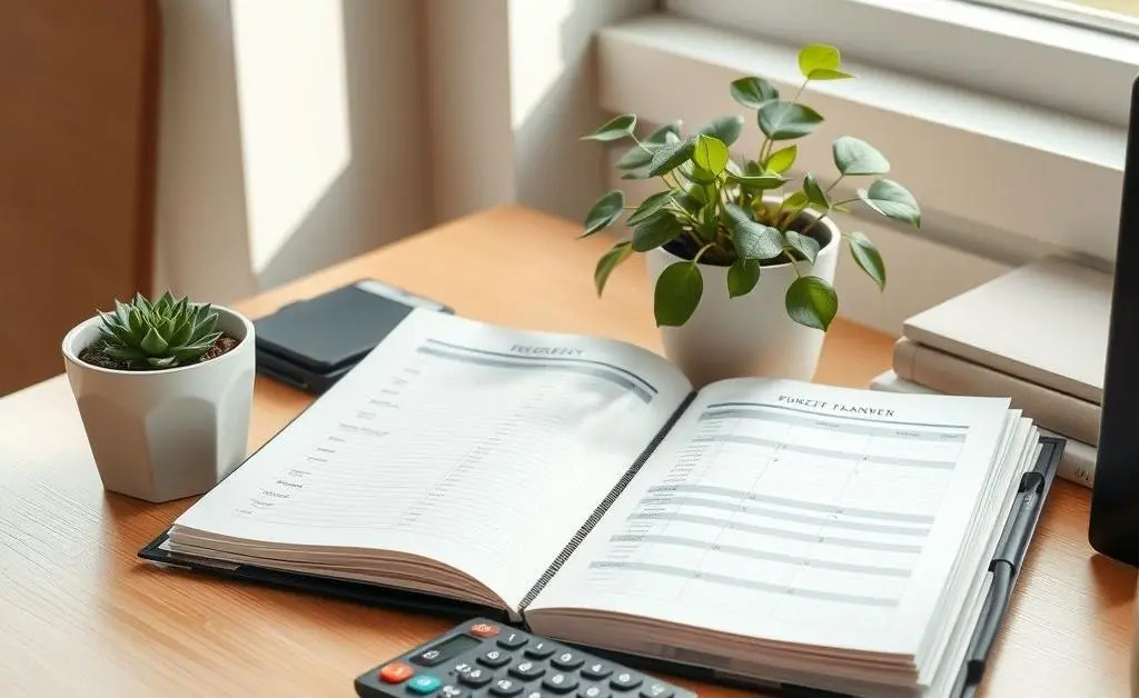 A structured desk scene with a budget planner and calculator.