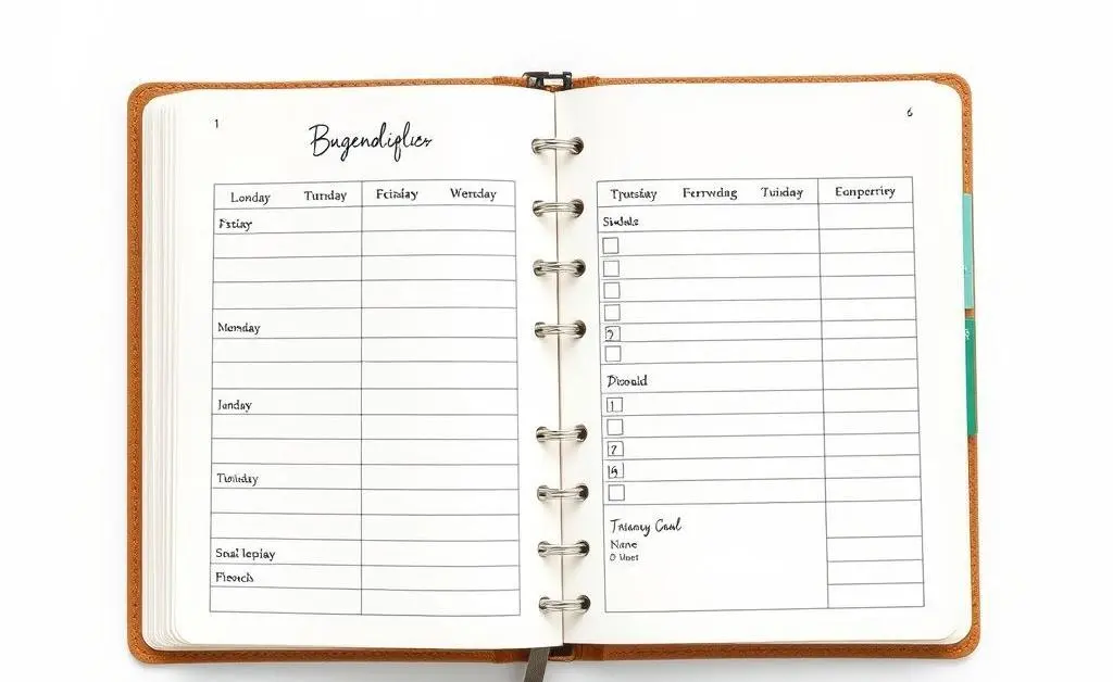 A minimalist hand-drawn budget planner open with neatly organized financial goals
