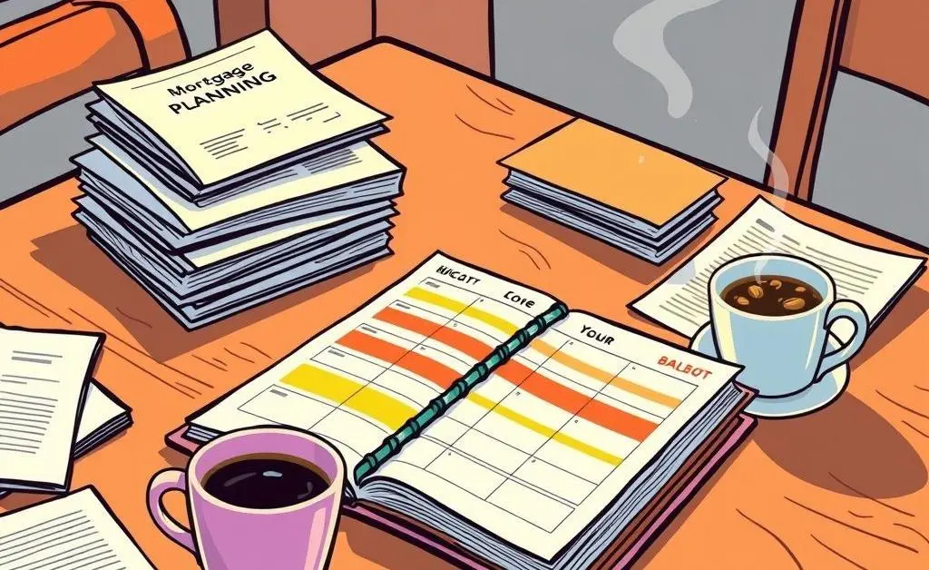 Image of a budget planner on a table with mortgage documents and coffee.