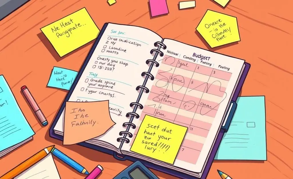 Cartoon-style image of a budget planner with notes, pens, and a calculator on a table