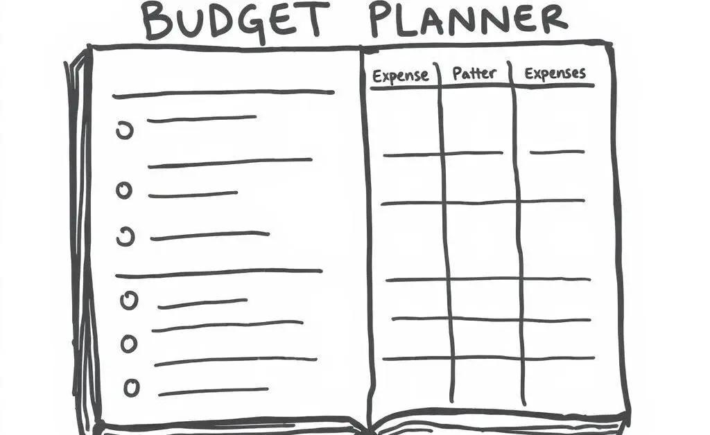 Hand-drawn illustration of a budget planner with highlighted sections for tracking expenses