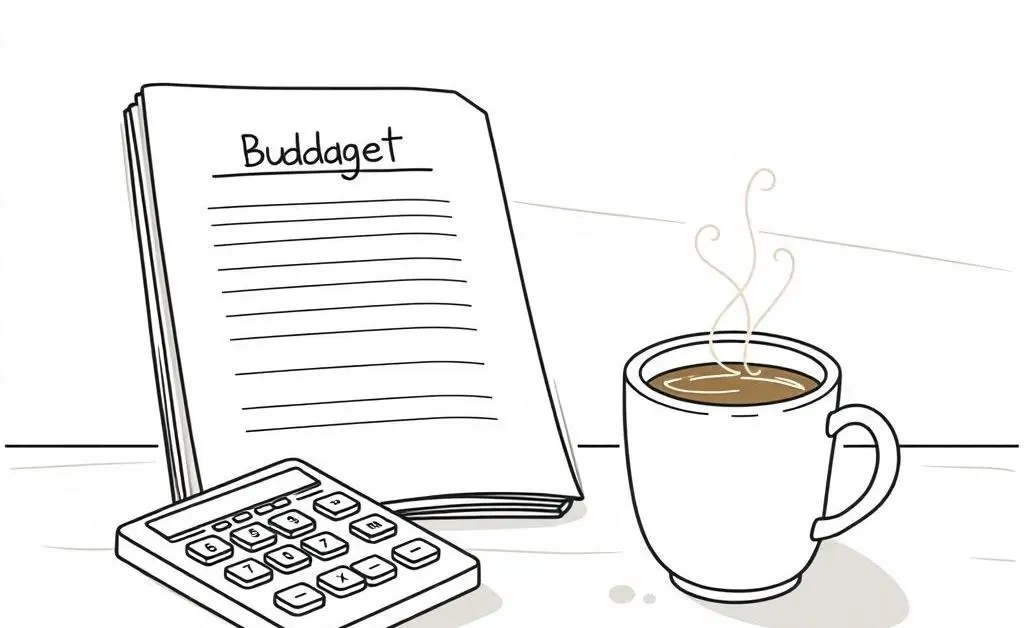 A cartoon-style image of a budget planner and tools on a table