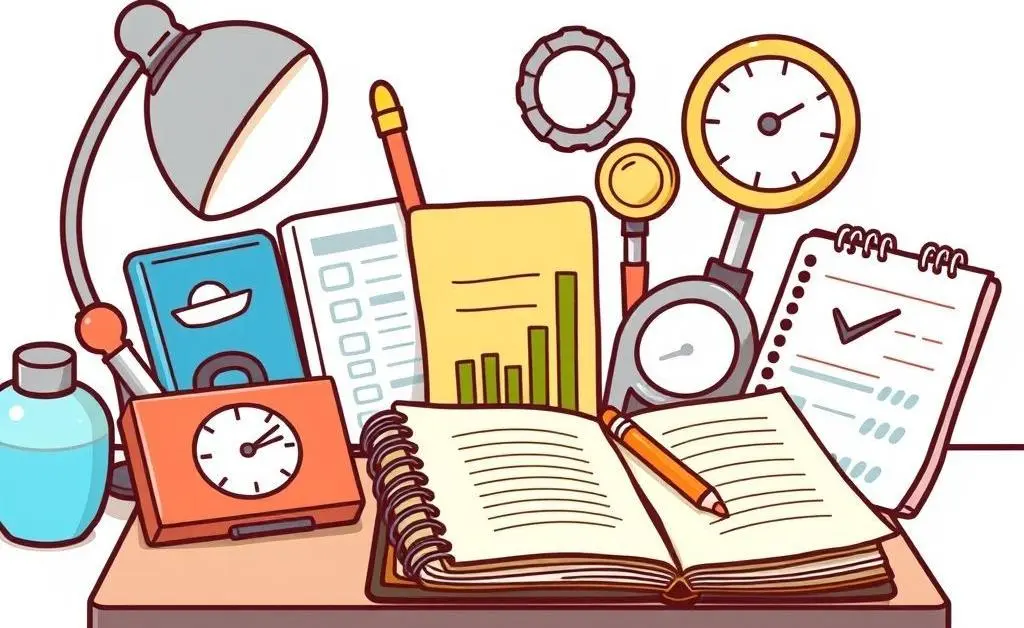 Cartoon-style drawing of a variety of budgeting tools and a notebook on a desk