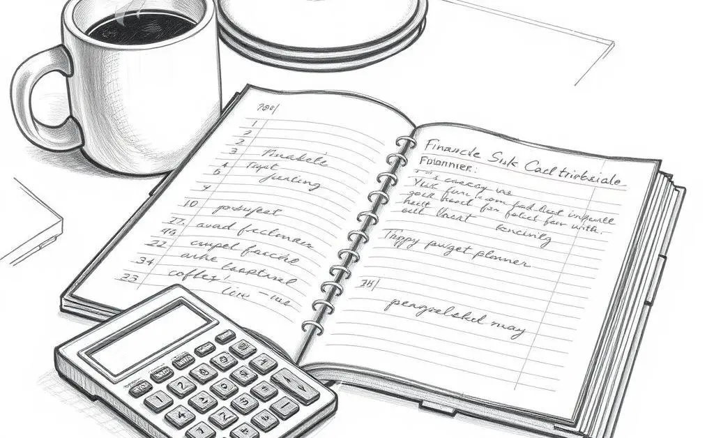 A desk with a budget planner, calculator, and coffee cup