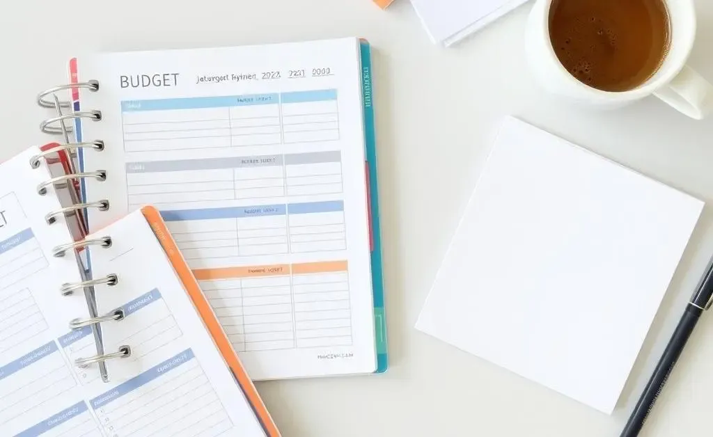 Budget planner and notes on desk