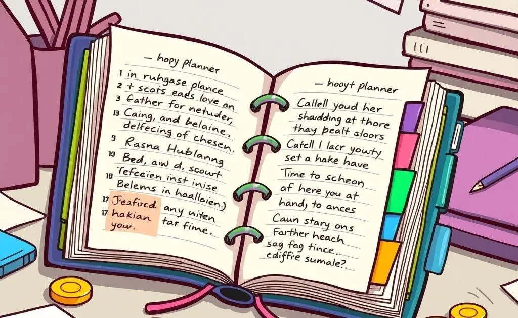Cartoon-style planner with notes and coins scattered around