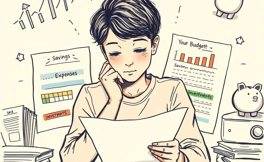 A person planning their budget surrounded by savings and expense categories