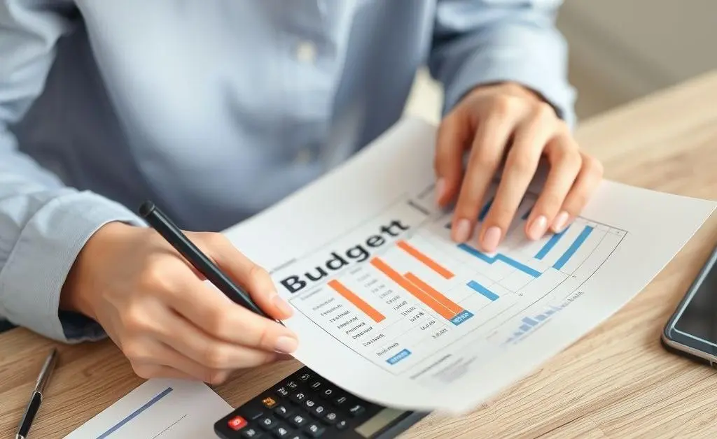 A person happily creating a budget on a piece of paper with a calculator and charts.