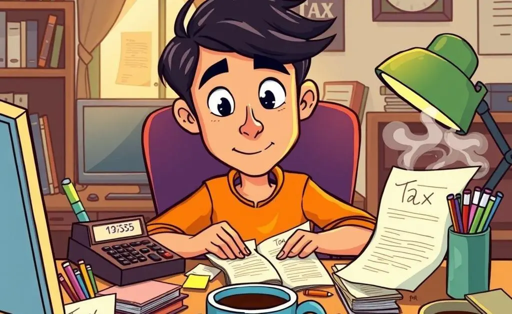 A cartoon of a person sitting at a desk with a computer, papers marked 'Tax', a calculator, and coffee