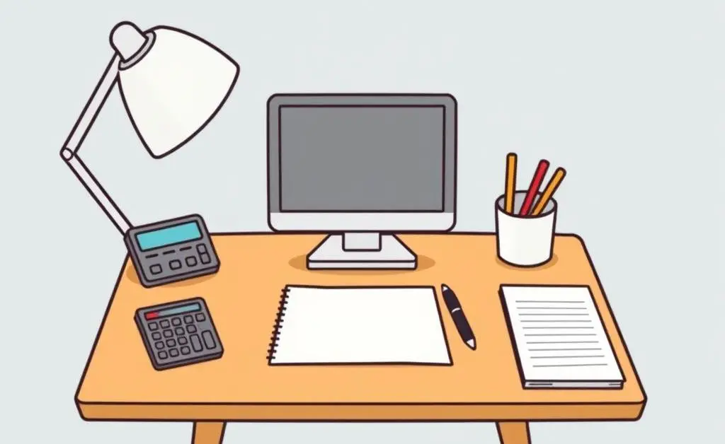 A minimalist cartoon-style desk with budgeting tools