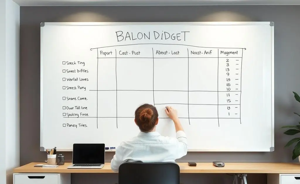 A person sitting at a desk with a big whiteboard for budget planning.