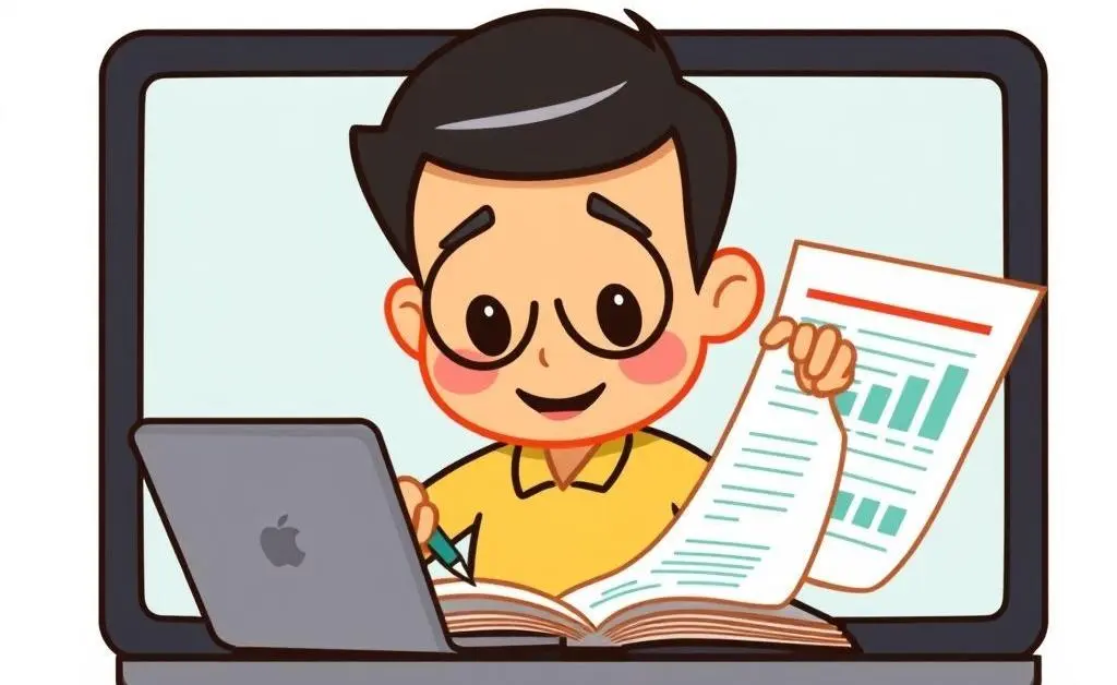 A cartoon character planning a budget on a laptop
