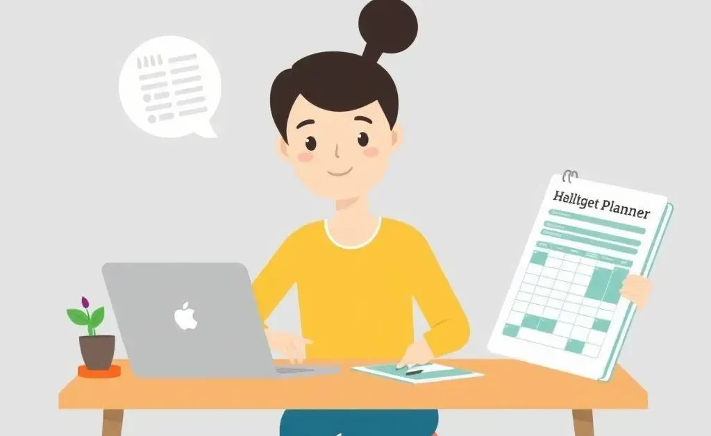 Illustration of a person sitting at a desk with a laptop and budget planner, focusing on healthcare budgeting